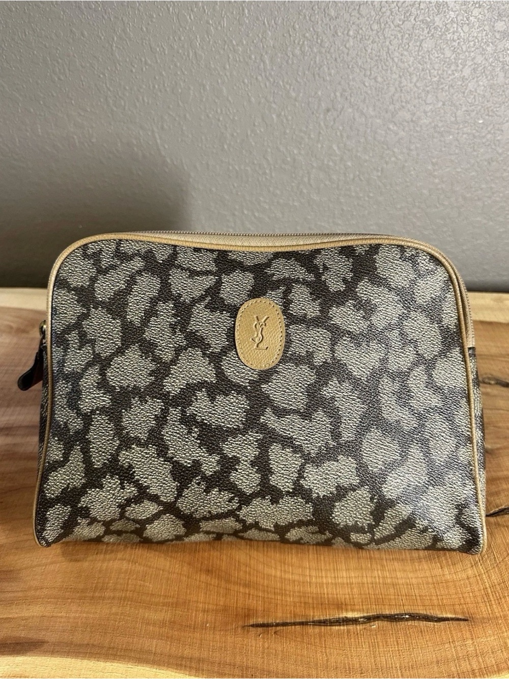 Vintage Yves Saint Laurent YSL Monogrammed Cosmetic Travel Pouch Makeup Case Bag